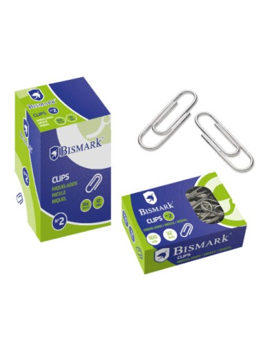 CAJA 100 CLIPS LABIADOS NIQUELADOS PUNTA REDONDA Nº 2 DE 32 MM. BISMARK 316865 - Pack de 10 unidades